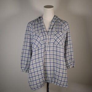 We The Free Free People M Plaid Hooded Tunic Top Blue White Drawstring Prairie